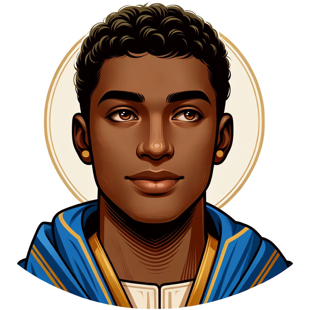 Create handsome African-American, Jesus, with Hazel Brown eyes wearing a blue and gold robe