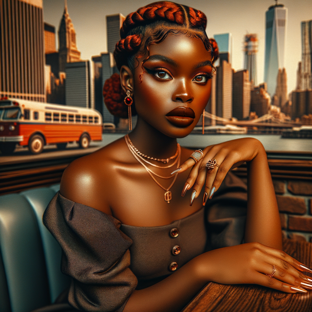 Enjoying a day out an electrostatic  art of an African American curvy toffee skin tone woman glossy skin, brown siren eyes. Newyork City landscape sitting on a bench. She’s wearing a Gucci mini dress off the shoulders, red heels, rings, multiple necklaces, spice red low braided updo plus edges, full lips, long metallic nails, wispy long lashes, 4K HDR contrast colors