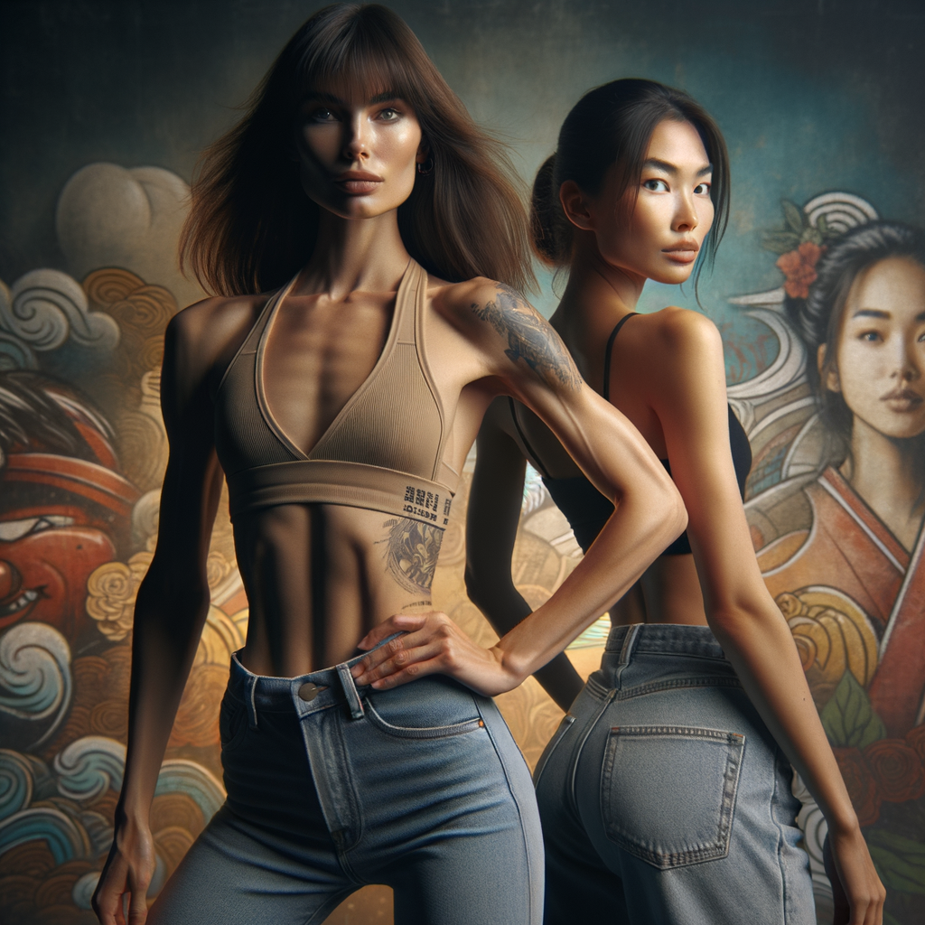 Athletic Thin skinny Attractive, Asian teenage girl, long brown hair and bangs, wearing tight skinny jeans and a halter top paint marks on her clothing, heroic pose Asian graffiti background, backside view