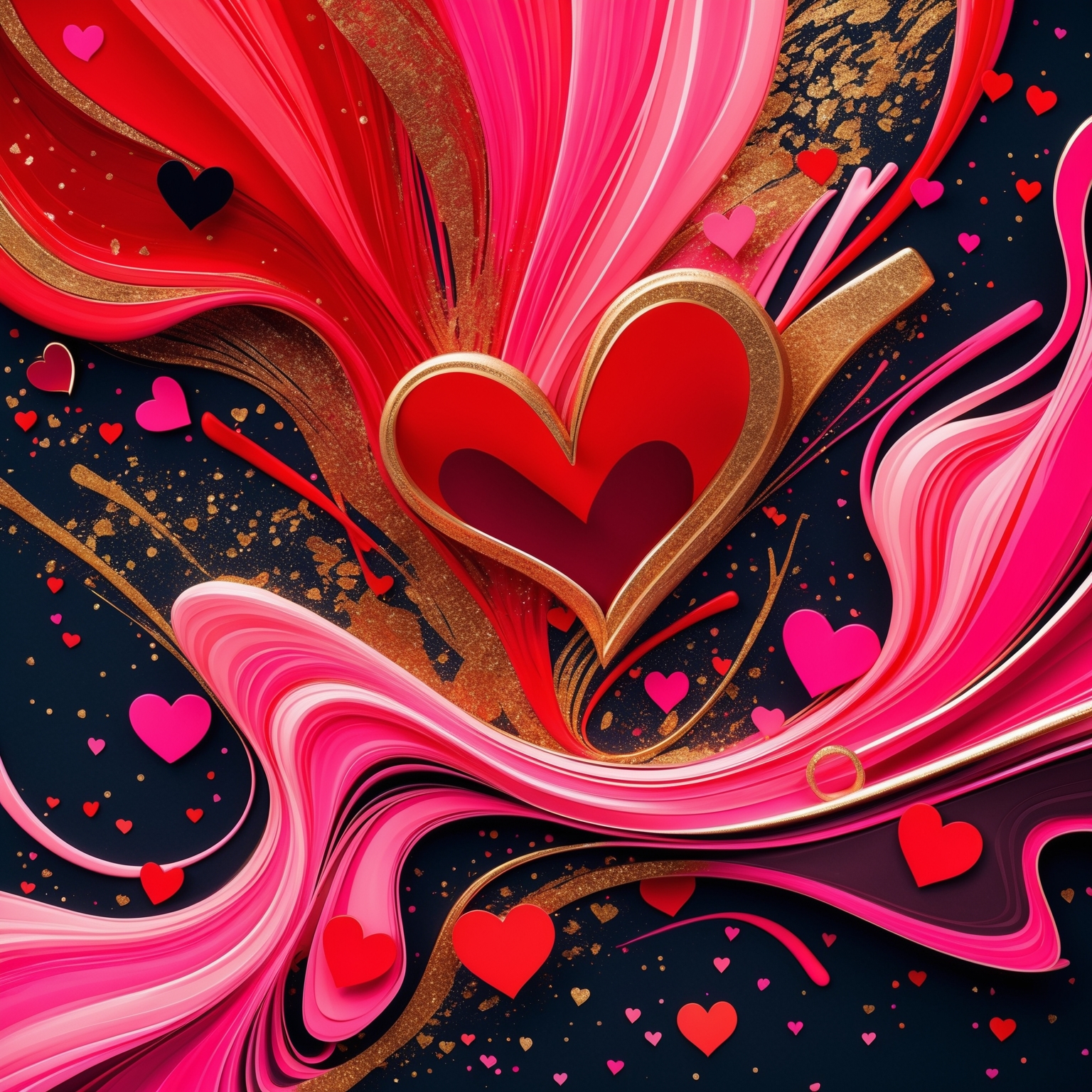 "Imagine an explosion of vibrant, swirling colors merging in an abstract dance of red, pink, and gold. Heart shapes subtly emerge and dissolve within the strokes, while intricate patterns symbolize love and connection. Flecks of light sparkle throughout, embodying the warmth and passion of Valentine's Day." Neon color palette