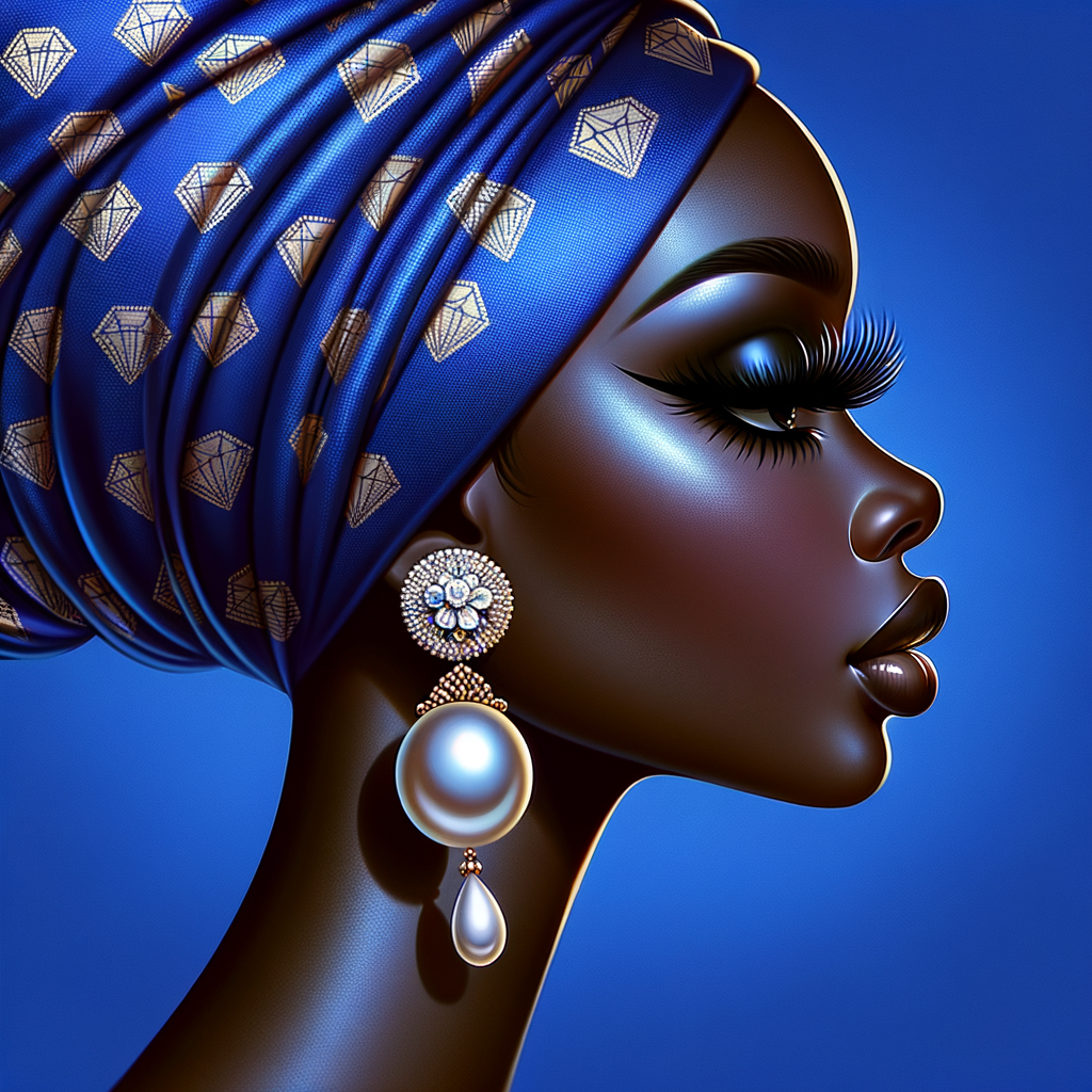 Create an airbrushed digital portrait of an animated
African-American woman in profile against a solid cobalt
blue backdrop. Her radiant skin, strikingly long eyelashes, a
pronounced nose, and voluminous natural glossy lips are
showcased. She wears a headwrap adorned with intricate
diamond patterns. Large, elegant pearl drop earrings
complete her appearance, showcasing the entire headshot
details with a focus on sophistication and grace. The digital
art should highlight her striking features against the vibrant
background, creating a visually stunning piece.