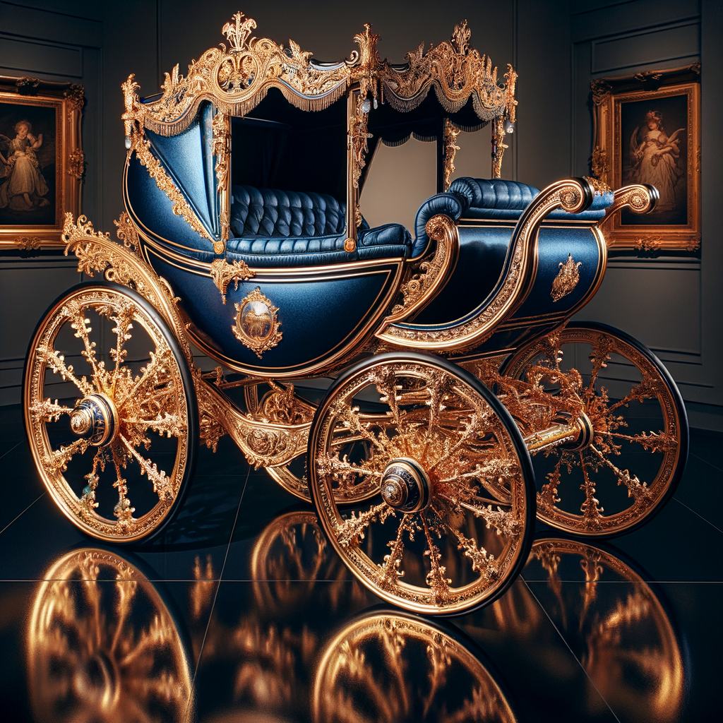 "Design an elaborate baby carriage fit for royalty, with an elegant royal blue body and shimmering gold details. The carriage features exquisite golden ornamentation, with wheels that are masterpieces of craftsmanship, adorned with intricate lace-like filigree patterns. On the side panel of the carriage, the name 'Karen' is inscribed in an ornate, golden script that matches the opulence of the vehicle. The interior is visible, lined with a luxurious material that invites one to sit in comfort and style. The overall design exudes a sense of grandeur and fairytale magic, as if it has rolled out of a storybook page."