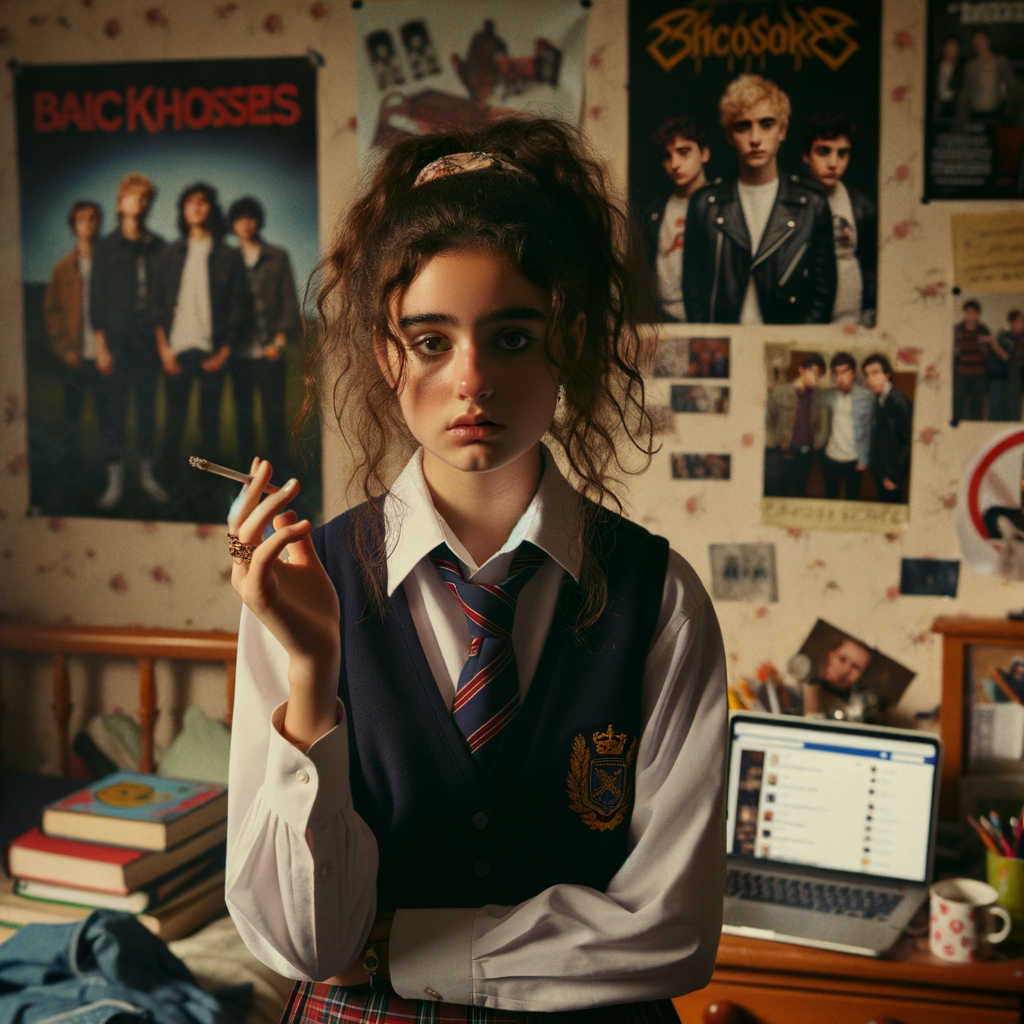 Schoolgirl smoking a cigarette in her bedroom.