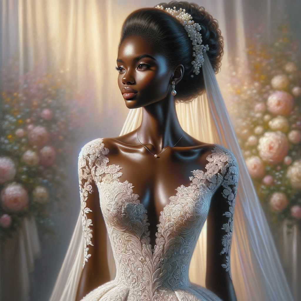 A hyper-realistic oil painting of an African American bride standing gracefully. She has a radiant complexion with a warm, glowing skin
tone. Her hair is styled in an elegant updo adorned with delicate white flowers. The bride is wearing a stunning, intricately detailed lacewedding gown with a subtle shimmer, capturing the light beautifully.The gown features a classic silhouette with a modern twist, including a deep V-neckline and a flowing train. She is also wearing a delicate pearl necklace and small, elegant earrings that add a touch ofsophistication. The background is a soft, romantic blur of pastelcolors, enhancing the focus on the bride and her exquisite bridal
attire. The painting should exude elegance, capturing the rich textures and vibrant details characteristic of oil paintings, with a particular emphasis on the fabric of the dress, the hairstyle, and the subtle a African-American Jesus Christ is in the background looking on