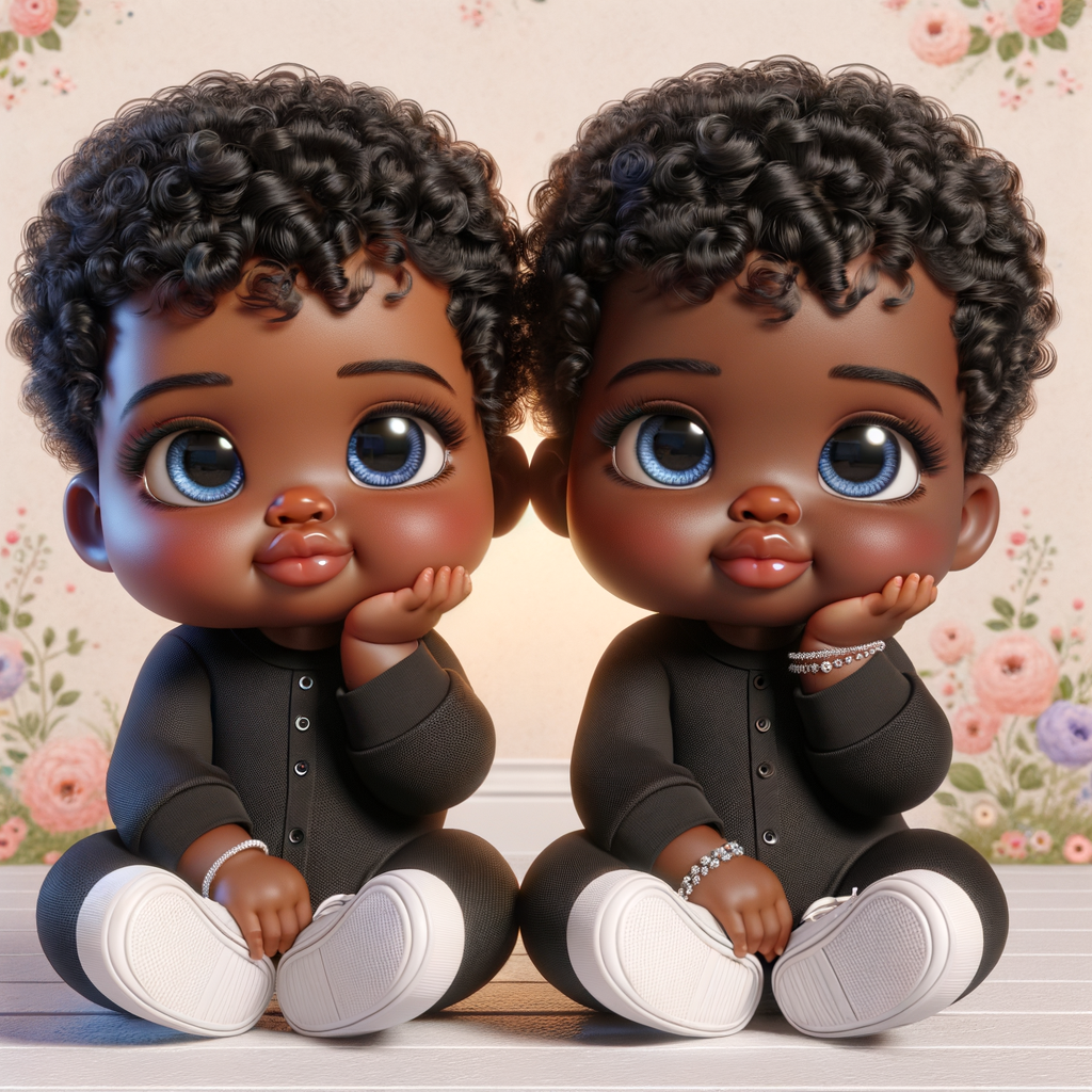 Imagine a pair of adorable, 3D animated african-American, infant twins with radiant blue eyes and curly black hair, posed with their chubby cheeks resting in their hands. They're dressed in simple yet stylish black onesies. Delicate jewelry adorns their wrists. They're seated comfortably with white sneakers on their feet. The background is a soft pastel floral pattern, creating an atmosphere of innocence and charm, without any text present in the image.