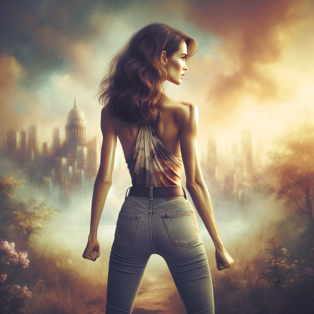 Athletic Thin skinny Attractive, Asian teenage girl, long brown hair and bangs, wearing tight skinny jeans and a halter top paint marks on her clothing, heroic pose Asian graffiti background, backside view