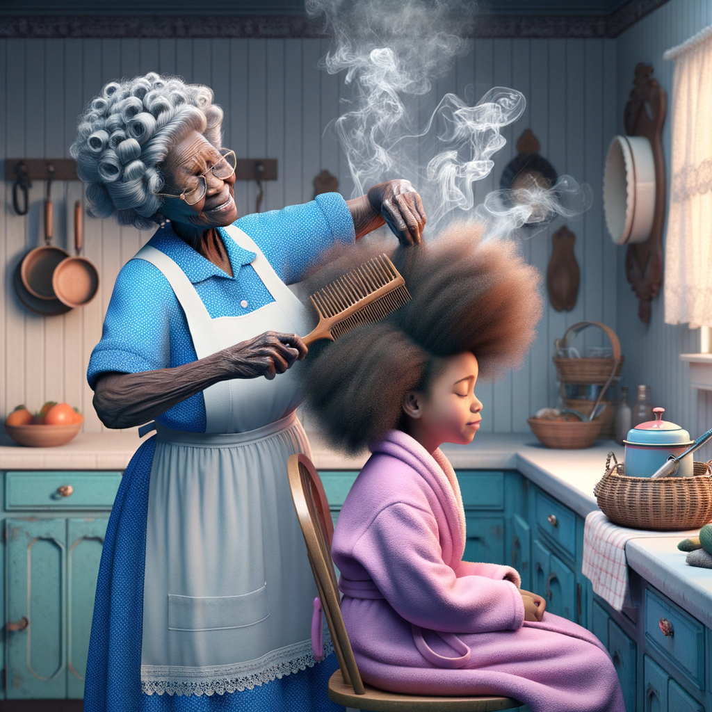 Create a realistic 3-D image of an african-American grandmother wearing a blue house dress and a white apron . She is in the kitchen with her african-American granddaughter. Her granddaughter is wearing a pink bath robe. The grandmother has a hot comb in her hand and she is straightening her granddaughters hair. One side of her granddaughters hair is in  a Afro the other straight 
There is smoke coming from the hot comb
The granddaughter is making a face