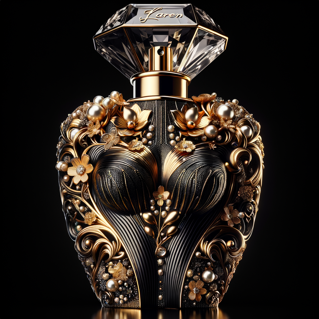 Design a fancy, black and gold bottle of perfume in the shape of a woman’s body. With a golden diamond top, flowers pearls and Diamonds in the name, Karen