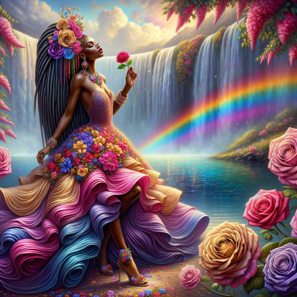 Remix Prompt
S/O Jackie Torres
S/O Panda Locke

create a animated style hyper realistic airbrush whimsical oil painting of a light African American woman wearing a flawless beautiful purple, pink, and gold blossom dress long flowing with colorful flowers and ruffles on the dress colorful jewelry made of flowers she has long black dreadlocks in a bun a colorful rose in her hair her peep toe shoes is matching her dress behind her is a beautiful waterfall liquid glowing lights beautiful colorful rainbow surrounded by beautiful roses.