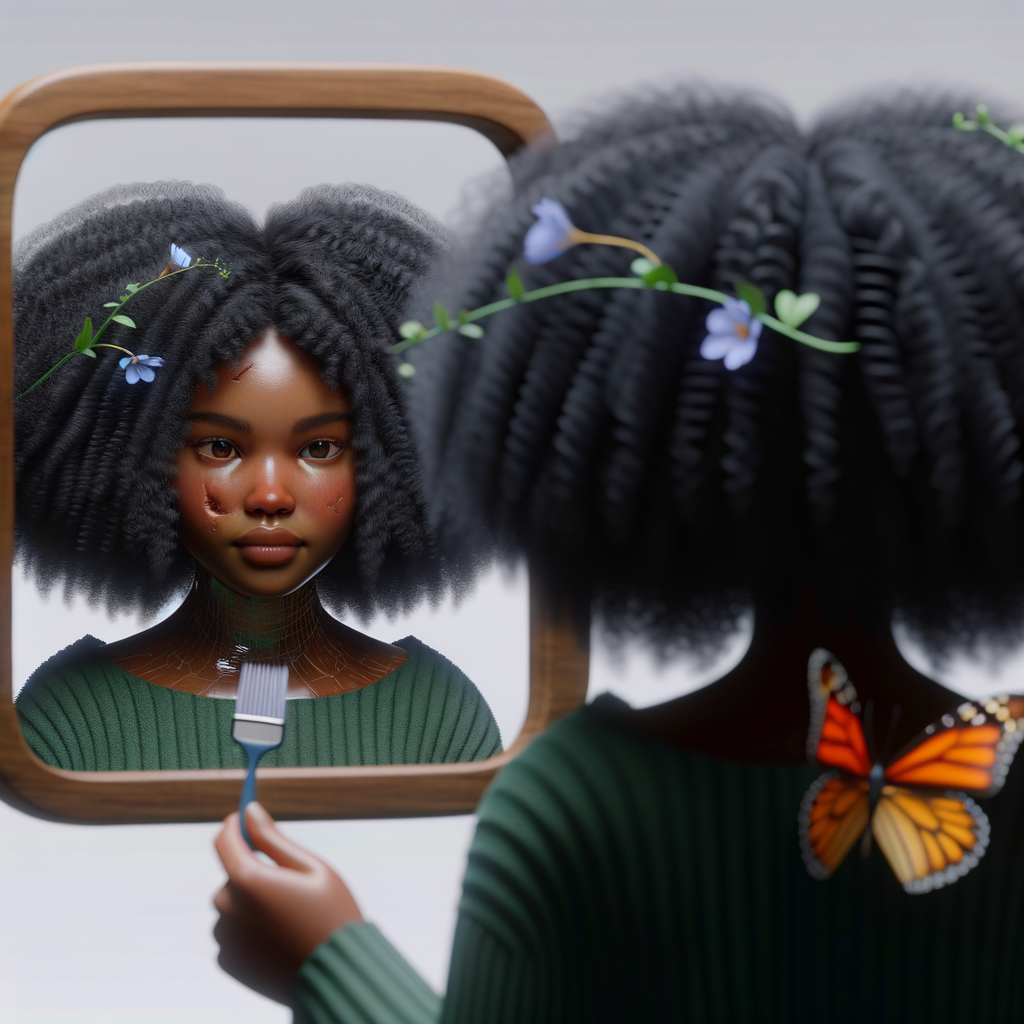 Create a 3-D realistic beautiful African-American  women with thick curly black hair
Looking at herself in the mirror, but the reflection she sees is a child, and she is no longer beautiful. She is ugly with scars. There is a fallen butterfly.