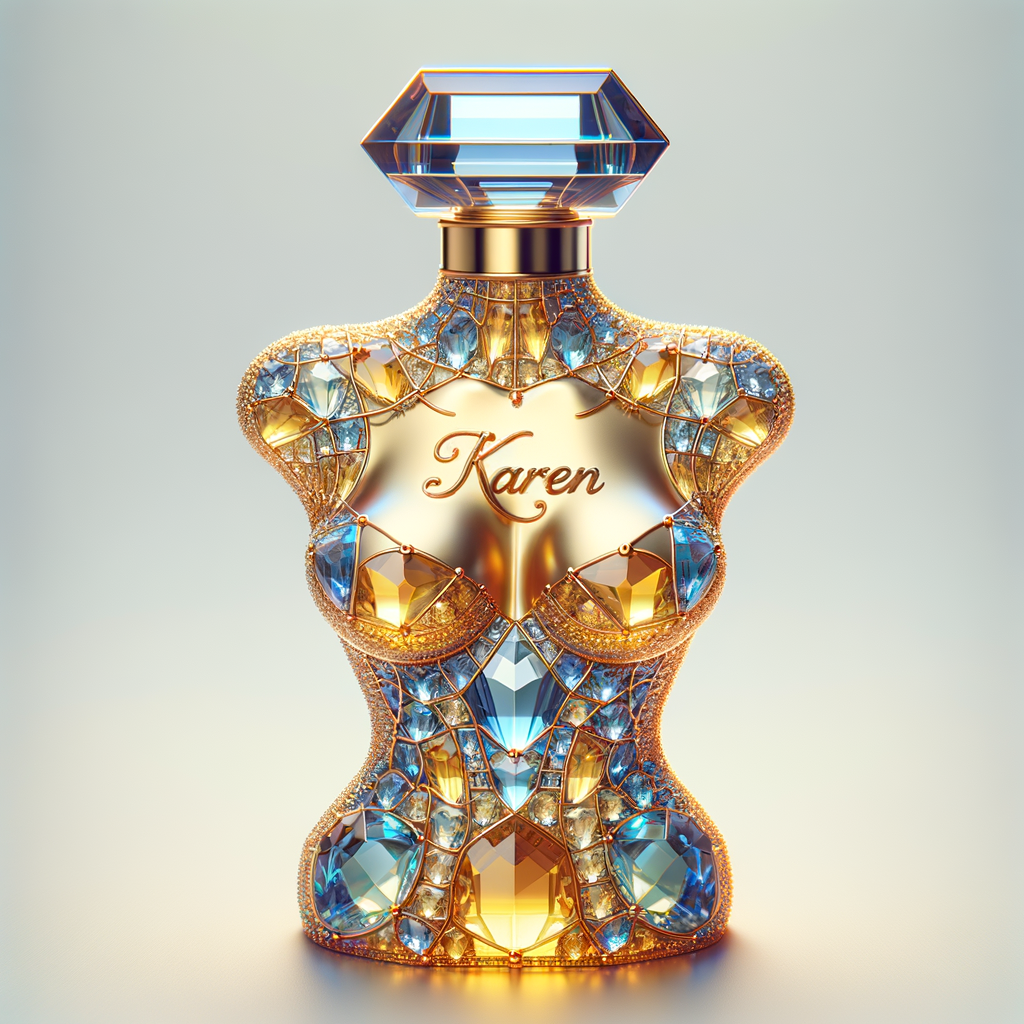 Create a 3-D realistic gold and  blue, colorful jewels perfume bottle
In the shape of a women’s body with the name Karen