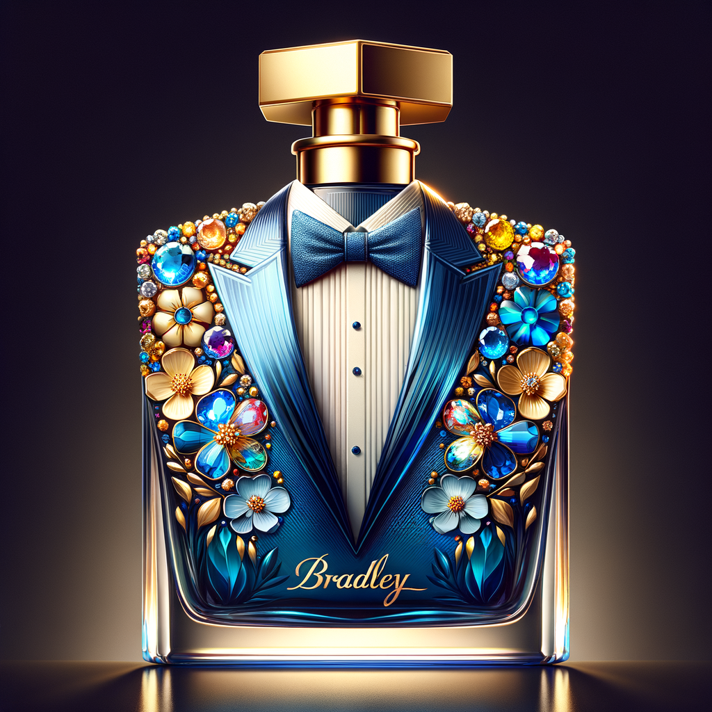 Create a blue and gold cologne bottle in the shape of a tuxedo with flowers with the name, Bradley and colorful jewels and diamonds