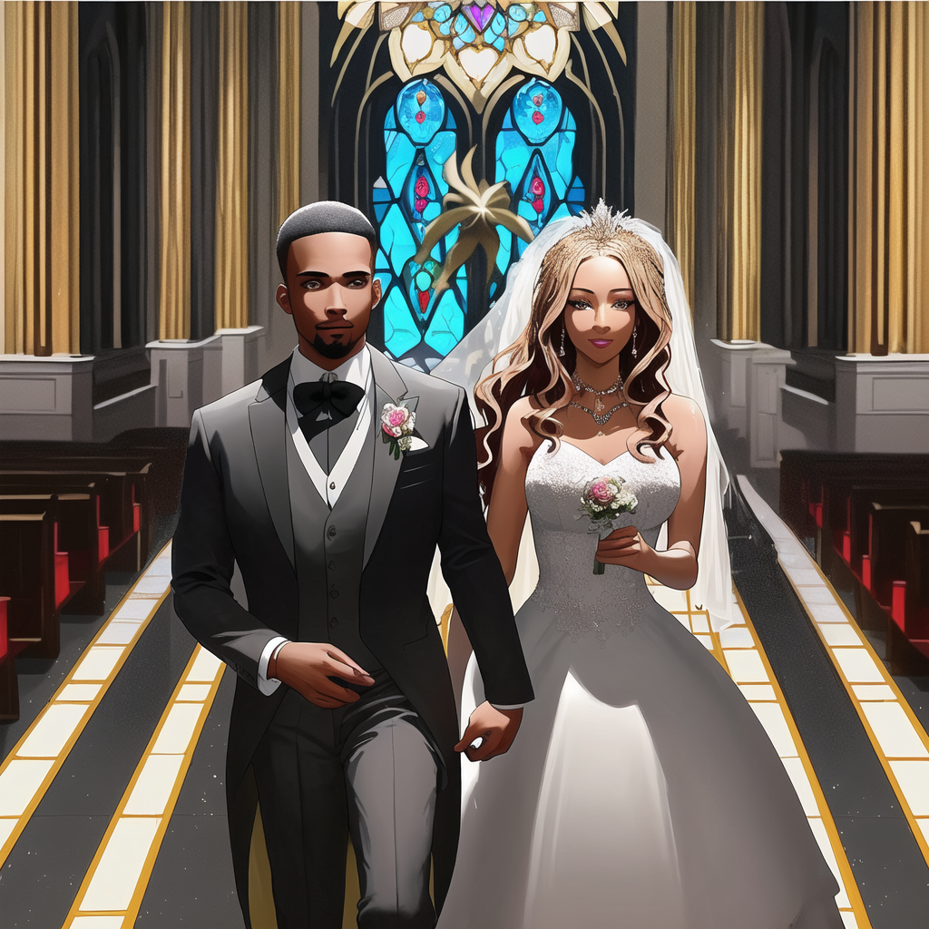 Create a realistic airbrushed illustration of a beautiful African-American couple at their wedding. The woman has flawless makeup, long wavy hair, and wears a spectacular gown adorned with various types of jewels, embodying elegance and sophistication. Her partner, an African-American man, is dressed in a sleek black Gucci suit and sports a fade crop top haircut, adding a modern flair to his dapper appearance. They stand together in a beautiful church, which is enhanced by colorful stained glass windows casting a vibrant glow around them, adding to the solemnity and joy of the occasion. The image should capture the essence of their love and the intricate details of their attire and the setting, all in a heavily HDR style at 300 dpi.