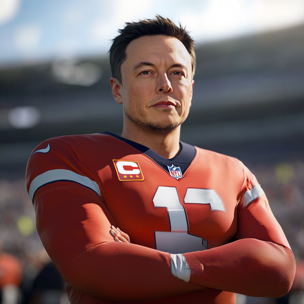 Elon Musk NFL player, there are many players around on the football field, the picture is in motion, in GTA style