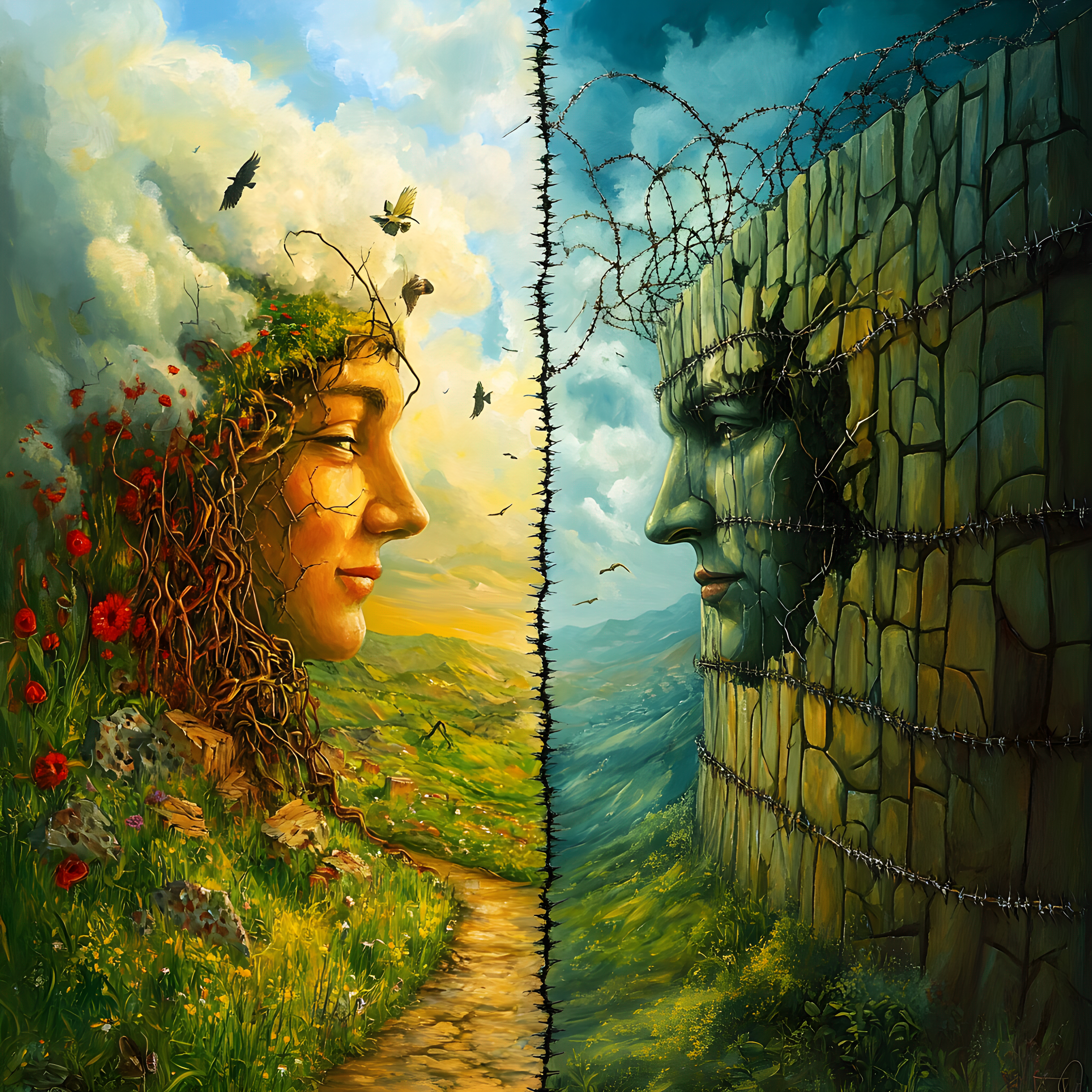 Create an image that depicts two parallel worlds: one brimming with prosperity and joy, characterized by lush landscapes, smiling faces, and an overall sense of well-being; the other riddled with barriers, high walls, and tangled barbed wires, symbolizing struggle and adversity.