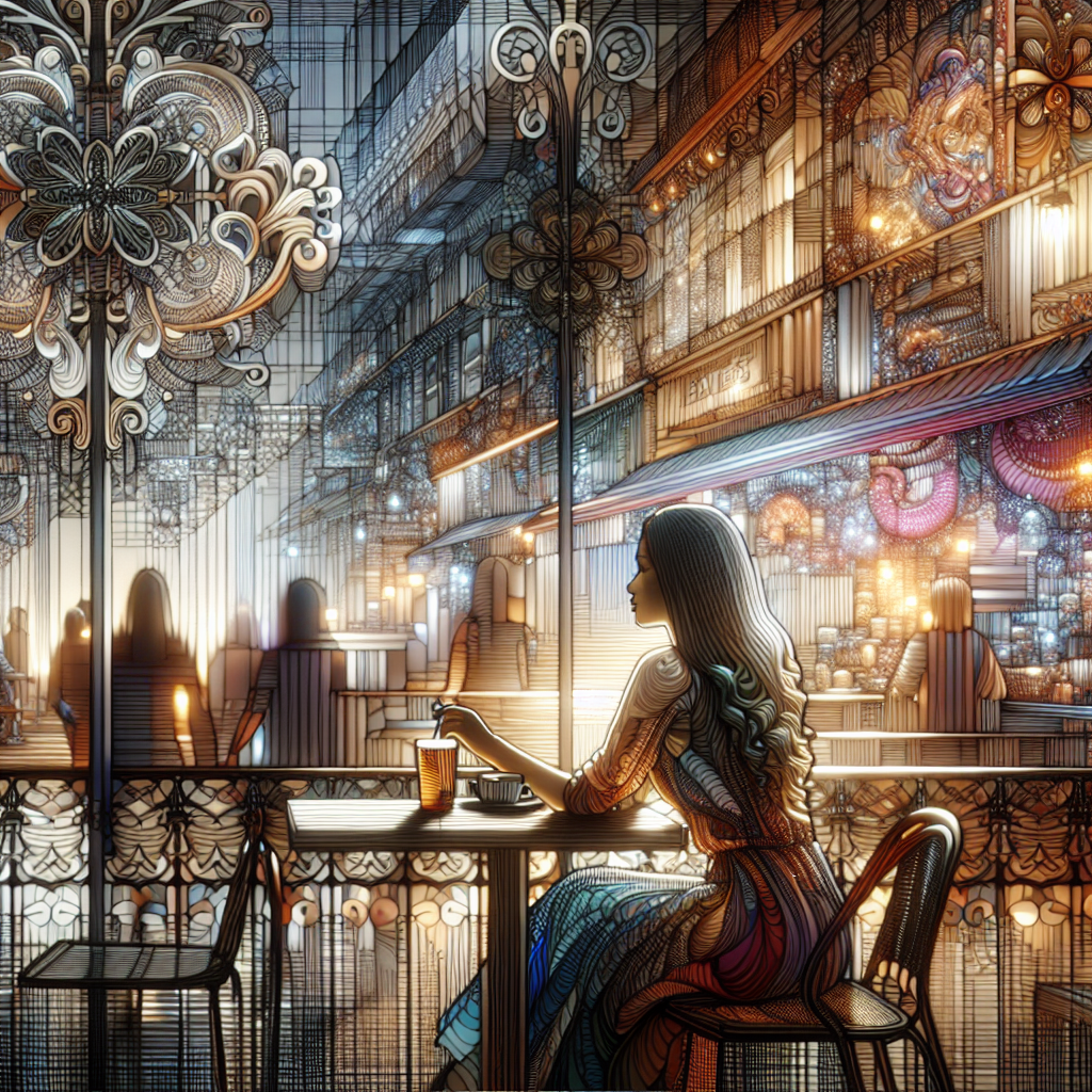 A young woman sitting at a cafe table on a bustling street, her dress flowing softly as she gazes at a colorful market in the background. The foreground includes intricate patterns on the cafe’s wrought-iron fence, and soft light reflects off her cup of tea