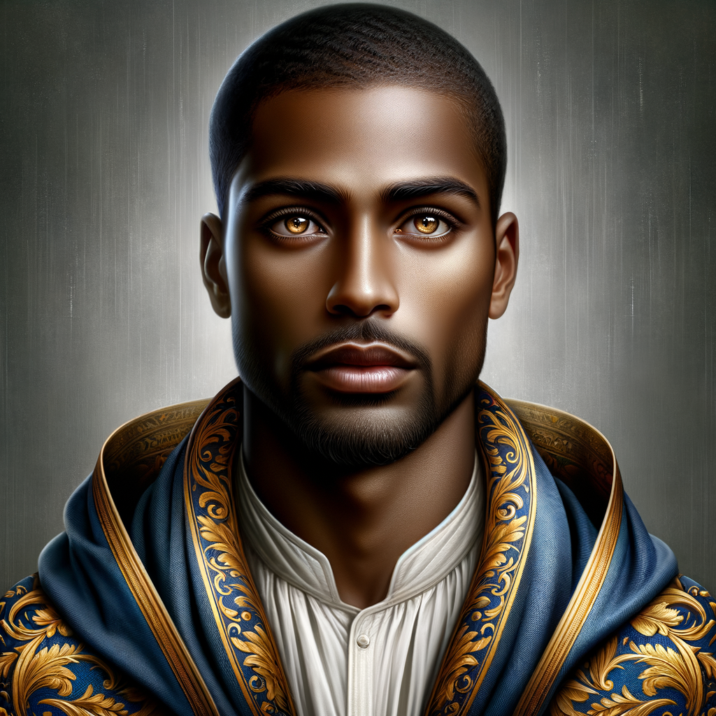 Create handsome African-American, Jesus, with Hazel Brown eyes wearing a blue and gold robe