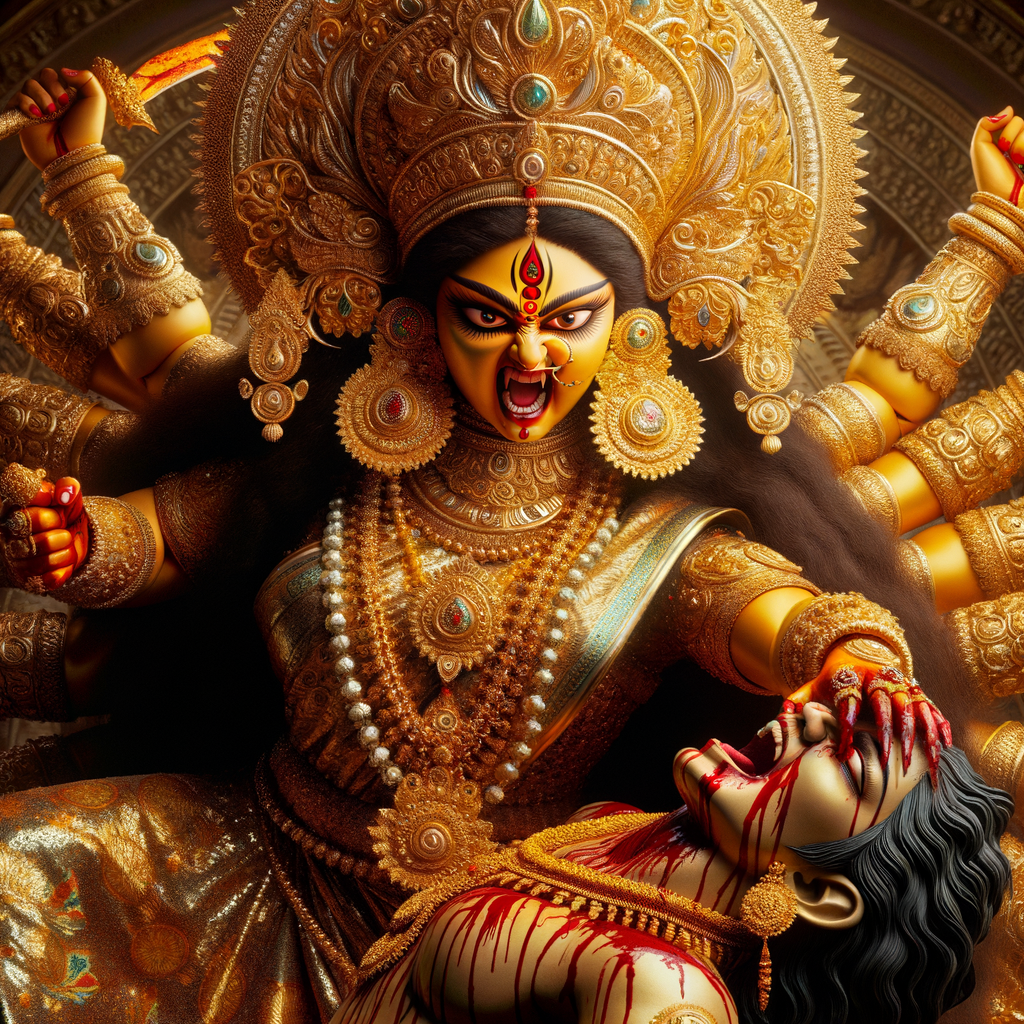 portrait of angry looking goddess durga has her foot on a defeated mahishasur. She is wearing gold armor, a huge gold crown, gold saree, abundant  gold jewelry, covered in blood. Mahishasur laying on ground dead. The scene is set in ancient India. The image is 8K resolution, photography, cinematic, ultra detailed face and epic