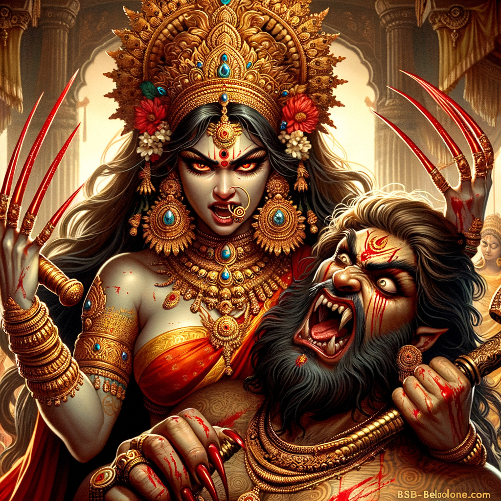 portrait of angry looking goddess durga  carrying a chubby mahishasur in her arms and poking him with her amazingly long red fingernails. She is wearing a huge gold crown, red saree, abundant  gold jewelry, covered in blood. The scene is set in ancient India. The image is 8K resolution, cinematic, ultra detailed face and epic.