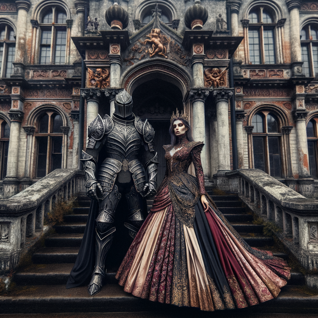 Black and grey knight standing with a Greek queen who has a burgundy , gold and pink dress on in front of a undead castle