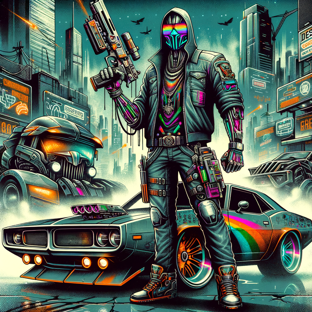 Trap or Die graffiti poster depicting Trap$in, an antihero in a cyberpunk world who has a badass car, a fully customized cyberpunk desert eagle, and a rgb cyberpunk mask to go with his futuristic designer fit