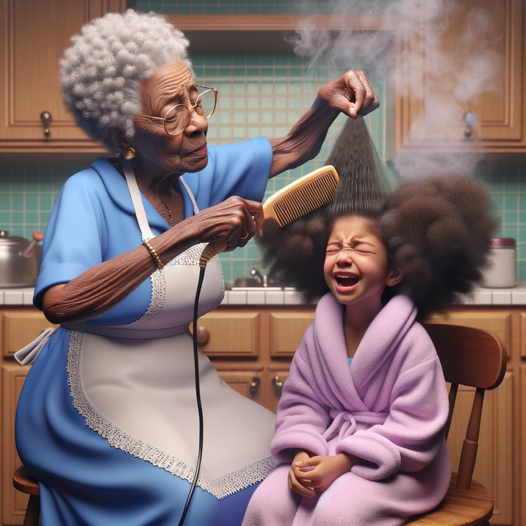 Create a realistic 3-D image of an african-American grandmother wearing a blue house dress and a white apron . She is in the kitchen with her african-American granddaughter. Her granddaughter is wearing a pink bath robe. The grandmother has a hot comb in her hand and she is straightening her granddaughters hair. One side of her granddaughters hair is in  a Afro the other straight 
There is smoke coming from the hot comb
The granddaughter is making a face