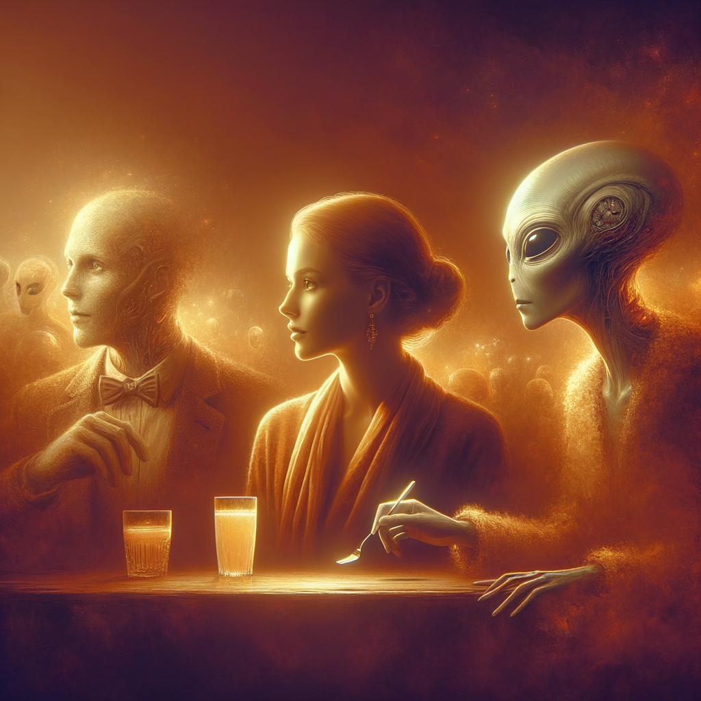 Two aliens are sitting at a bar trying to pick up a women who is even more alien than them