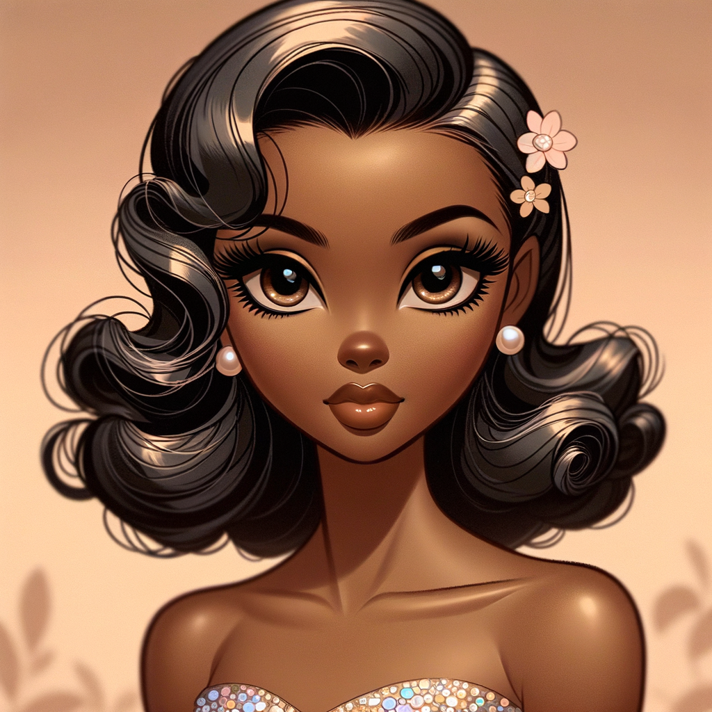 Create an African-American Betty Boop with a vintage charm, reminiscent of 1940s animated styles. She has large, expressive eyes full of depth and wonder, framed by thick, curled eyelashes. Her hair is styled in elegant, soft waves that speak to the classic glamour of the era, and it cascades gently around her face and shoulders. Tucked into her hair are delicate flowers in shades of pastel, adding a touch of natural beauty. The character's skin is a rich, warm brown, complemented by a subtle makeup look that highlights her features. She wears a sparkling sequined dress that glimmers with movement, strapless to showcase her graceful neckline. A single pearl earring graces one ear, simple yet sophisticated. Her overall appearance is one of timeless elegance, with each element coming together to celebrate her unique beauty and the iconic aesthetic of the time."