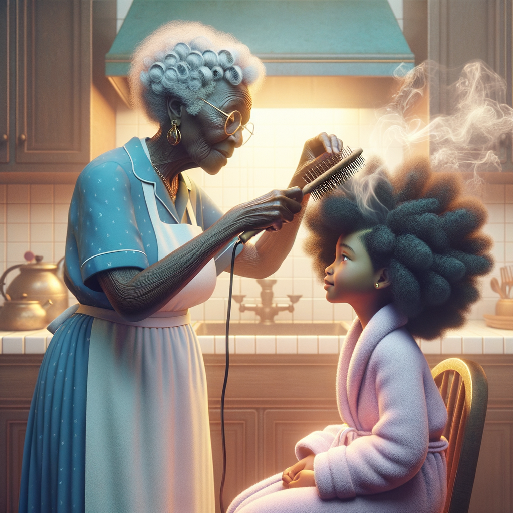 Create a realistic 3-D image of an african-American grandmother wearing a blue house dress and a white apron . She is in the kitchen with her african-American granddaughter. Her granddaughter is wearing a pink bath robe. The grandmother has a hot comb in her hand and she is straightening her granddaughters hair. One side of her granddaughters hair is in  a Afro the other straight 
There is smoke coming from the hot comb
The granddaughter is making a face