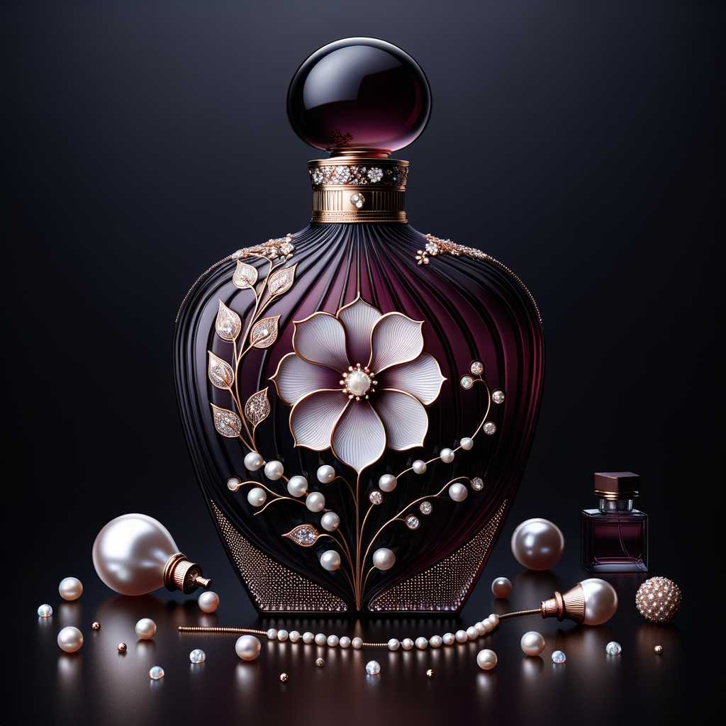 Create an image of a sophisticated perfume bottle that is designed to resemble the silhouette of a woman's figure. The glass of the bottle should be a deep, dark purple, evoking a sense of mystery and luxury. Adorning this unique bottle, there should be a pattern of a single, intricate white and soft pink flower, with a string of pearls that gracefully follows the curves of the bottle's form. The neck of the bottle, slim and elegant, is encircled by a band of gold inlaid with tiny sparkling diamonds, leading up to a large, lustrous pearl that serves as the bottle's cap. Include additional details such as scattered pearls, a petal, and a golden twig with a single pearl on the maroon surface around the bottle, all of which reinforce the sophisticated and luxurious theme. The perfume bottle is a signature piece for a person named Karen, reflecting her refined and elegant taste.