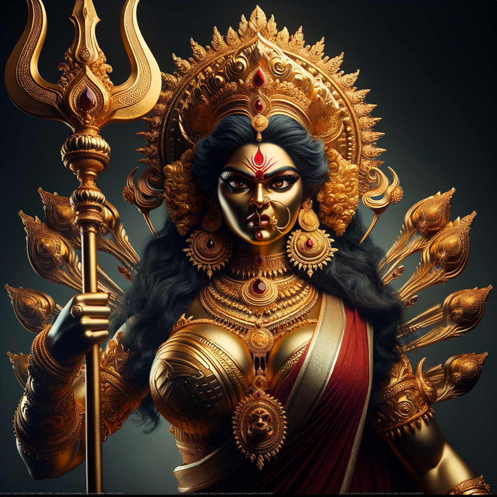 Waist up portrait of angry goddess durga  with athletic body, holding a trident, big breasts, wearing gold jewelry all over body, huge gold crown, red saree, gold armor, ultra detailed face, UHD, 8K, photography