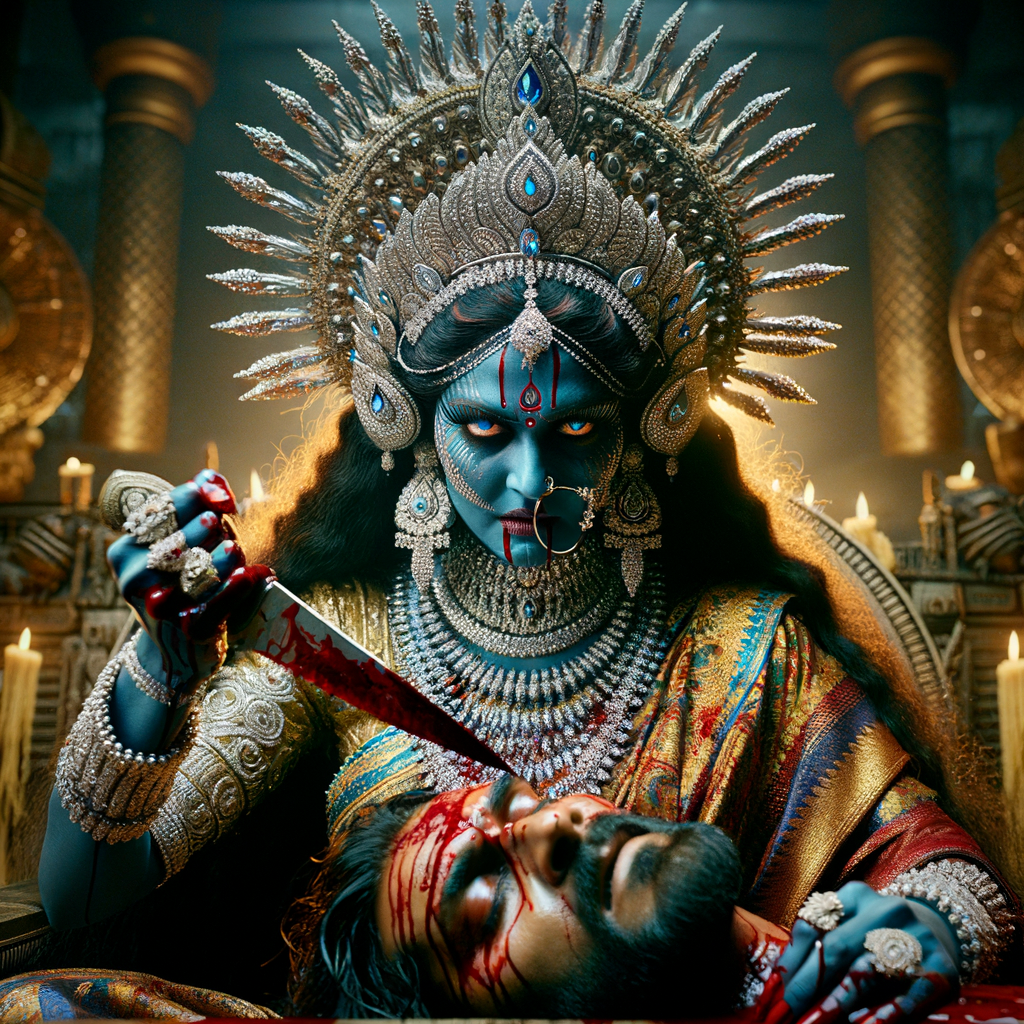 portrait of angry looking goddess kali, blue skinned, sitting on a gold crown and carrying a weak mahishasur on her lap and stabbing him with her amazing long red finger nails. She is wearing diamond armor, a huge diamond crown, red saree, abundant diamond jewelry, covered in blood. The scene is set in ancient India. The image is 8K resolution, cinematic, ultra detailed face and epic.