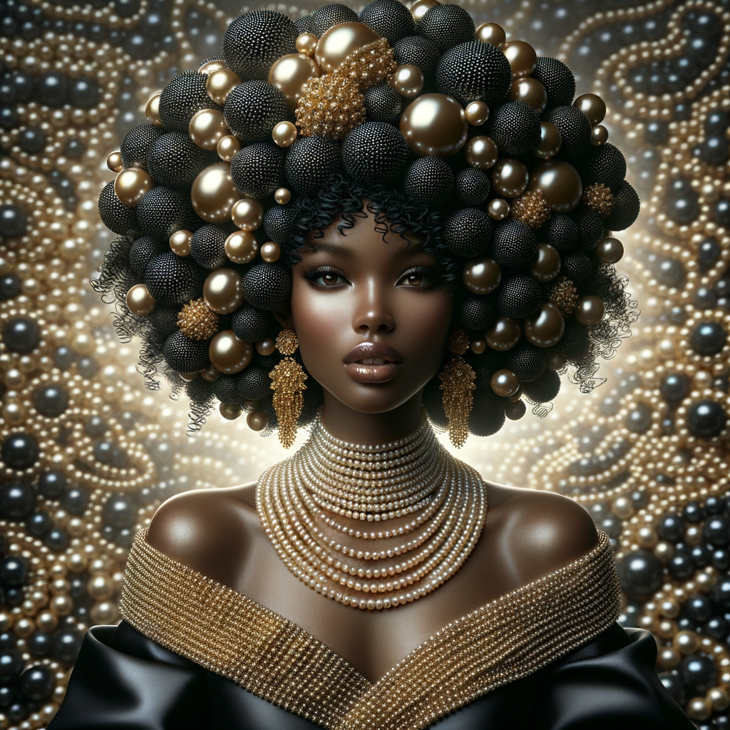 Imagine a digital portrait of a light skinned African-American Latino regal woman named KAREN Her attire and accessories are exclusively adorned with black and gold pearls. They grace her voluminous hair, styled in an elegant updo, where the black pearls form the roots and the gold pearls create the stunning curls. Her ears boast chandelier earrings, with black pearls clustered at the top, transitioning to gold pearls that dangle with delicate grace. Around her neck, a tiered necklace cascades with strands of alternating black and gold pearls, reflecting a sophisticated contrast.

Her shoulders are draped with a luxurious off-shoulder gown, the fabric's weave incorporating intricate patterns formed by black and gold pearls. The gown's texture has a subtle sheen, suggesting a high-quality material with a pearlescent finish. As a centerpiece, a grand brooch sits at her collar, with a large gold pearl surrounded by an elaborate design of smaller black pearls.

The background of the portrait features an abstract composition of floating pearls, swirling in a dance of shadows and light, emphasizing the color theme of black and gold. The name "KAREN" is discreetly integrated into the lower right corner of the artwork, blending seamlessly with the design, as if it were a signature part of the jewelry ensemble. The overall effect is one of timeless elegance, a blend of modern design and classic beauty, all tied together by the luxurious palette of black and gold.