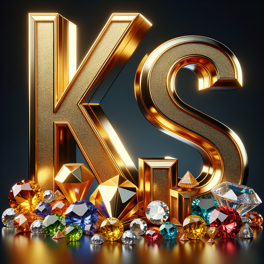 Create a 3-D realistic image with the letters  K.S. in gold raised letters , Add diamonds and colorful jewels