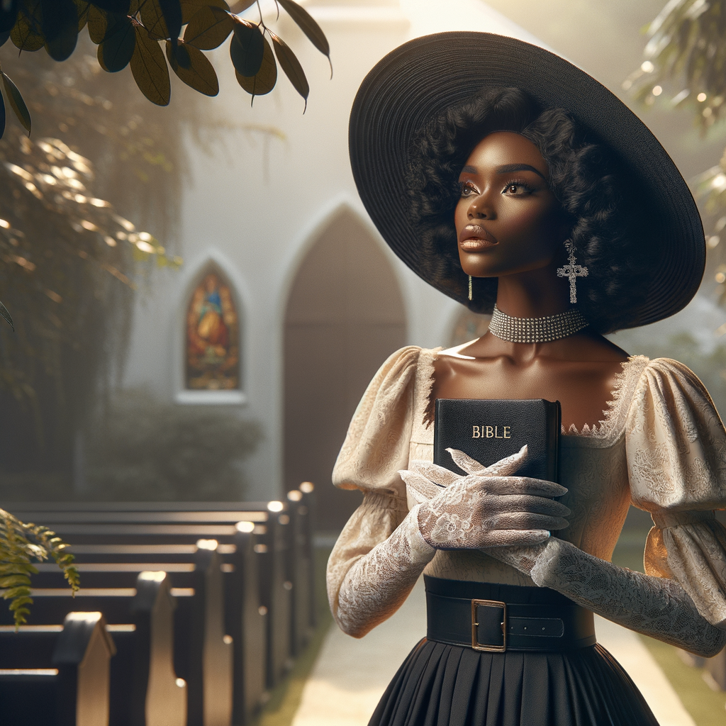 Render an airbrush oil painting of an African American woman with flawless makeup in a
contemplative pose, holding a Bible close to her heart, dressed in an elegant Sunday Best
outfit with a distinctive Church Hat. The background features a peaceful church garden,
with light filtering through the trees, highlighting her spiritual connection and the personal
moment of reflection. The artwork should capture the tranquility of the scene, the beauty
of her attire, and the depth of her contemplation, reflecting a serene and spiritually