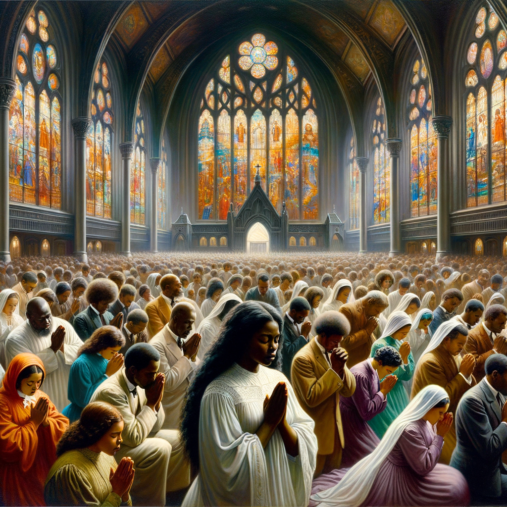 An oil painting depicting an African-American woman with long, wavy black hair, deeply immersed in prayer within a vibrant church setting. She is surrounded by a congregation of African-American individuals, all collectively engaged in worship and praise. The church is adorned with vividly colored stained glass windows, casting a mosaic of light that adds to the spiritual ambiance of the scene.