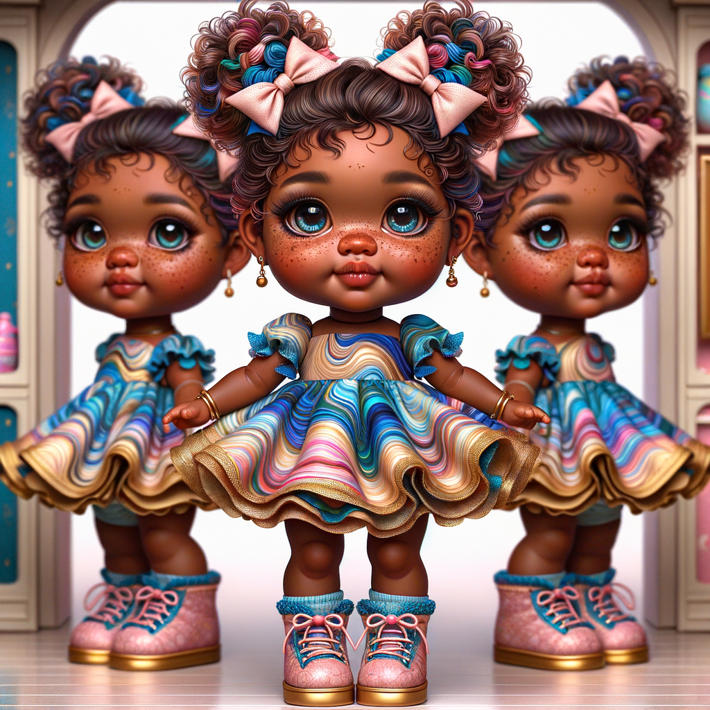 Design a 3-D realistic original African-American Cabbage Patch doll. She has on a blue pink and gold dress with matching booties. She has pink and blue bows in her hair. she lives inside of a colorful dollhouse. She has freckles and big dimples.