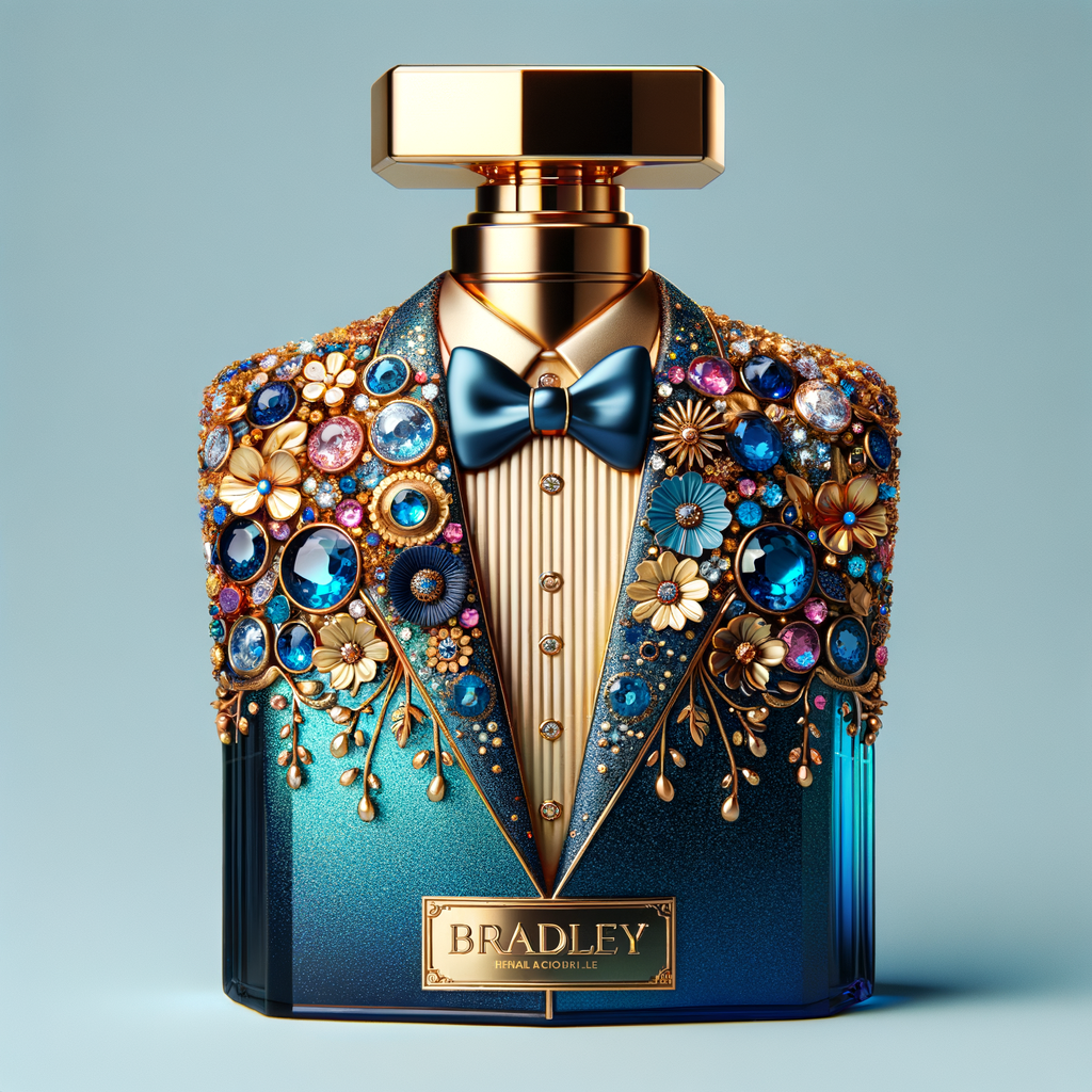 Create a blue and gold cologne bottle in the shape of a tuxedo with flowers with the name, Bradley and colorful jewels and diamonds