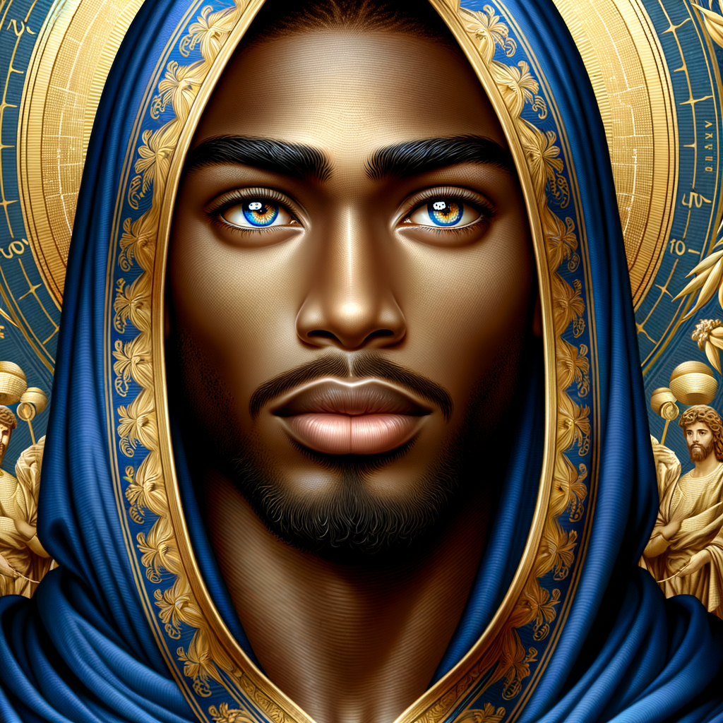 Create handsome African-American, Jesus, with Hazel Brown eyes wearing a blue and gold robe