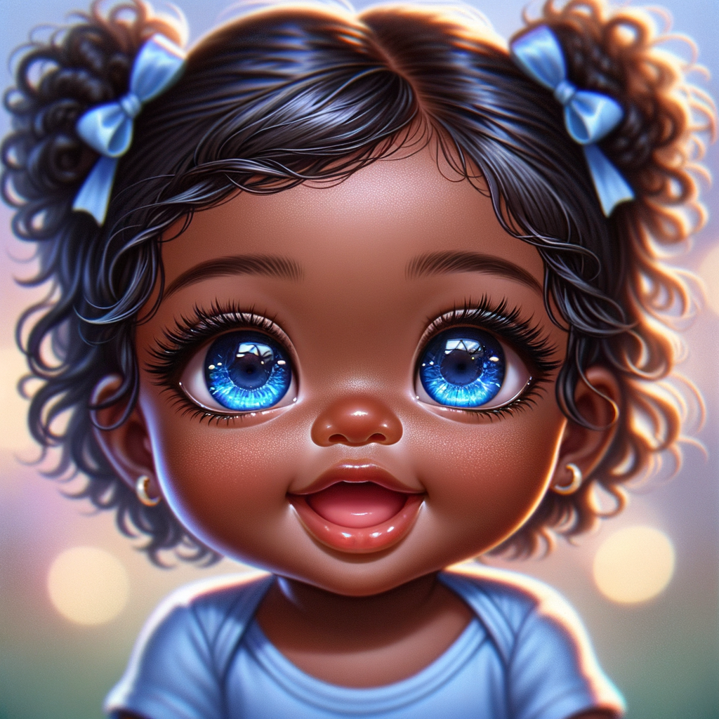 ultra realistic Chibi Style oil painting of Med olive skin  cute African-American American baby girl with deep deep dimples on both checks smiling huge, blue eyes, wearing a blue onesie two curly black pigtails with blue
 ribbons. crystal blue eyes. up-close view bokeh background

S/O Genae Kulah