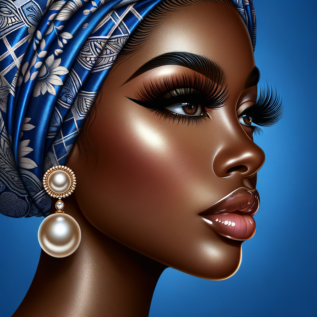 Create an airbrushed digital portrait of an animated
African-American woman in profile against a solid cobalt
blue backdrop. Her radiant skin, strikingly long eyelashes, a
pronounced nose, and voluminous natural glossy lips are
showcased. She wears a headwrap adorned with intricate
diamond patterns. Large, elegant pearl drop earrings
complete her appearance, showcasing the entire headshot
details with a focus on sophistication and grace. The digital
art should highlight her striking features against the vibrant
background, creating a visually stunning piece.