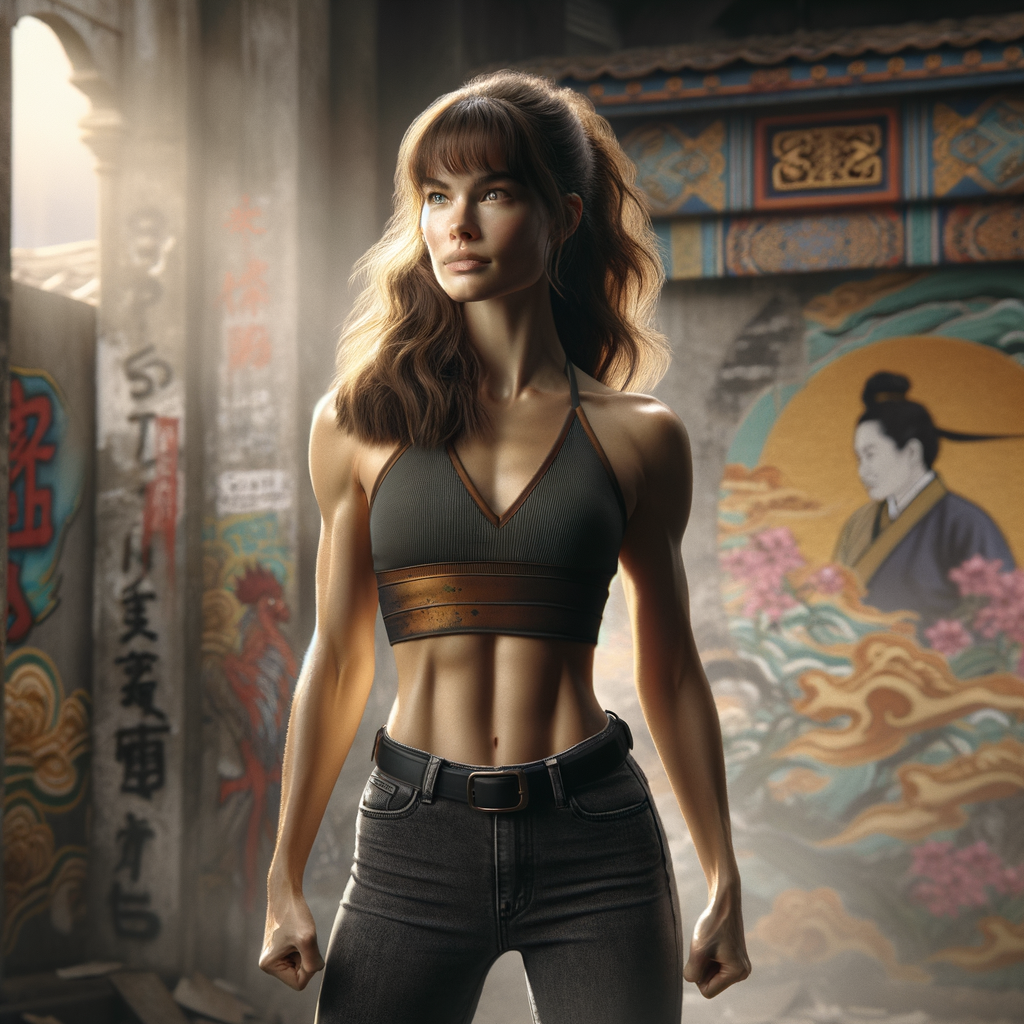 Athletic Thin skinny Attractive, Asian teenage girl, long brown hair and bangs, wearing tight skinny jeans and a halter top paint marks on her clothing, heroic pose Asian graffiti background, side view