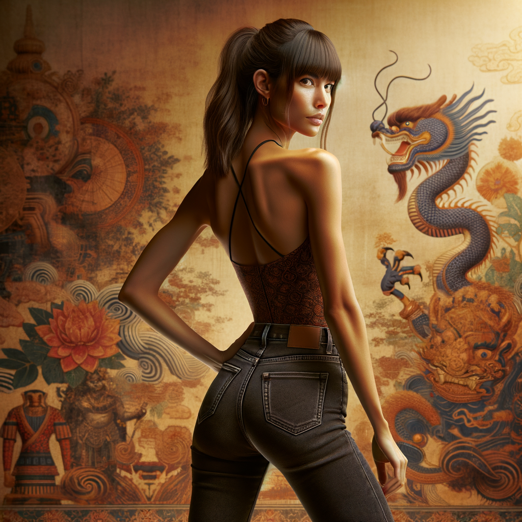 Athletic Thin skinny Attractive, Asian teenage girl, long brown hair and bangs, wearing tight skinny jeans and a halter top paint marks on her clothing, heroic pose Asian graffiti background, backside view