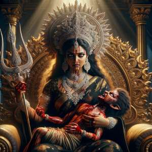 portrait of angry looking goddess durga sitting on a gold crown and carrying a weak mahishasur on her lap and stabbing him with her amazingly designed trident. She is wearing a huge diamond crown, black saree, abundant diamond jewelry, covered in blood. The scene is set in ancient India. The image is 8K resolution, photograph, cinematic, ultra detailed face and epic.