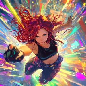 Create an anime-style music album cover featuring a dynamic, ene...
