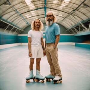 Empty roller skating rink. 45-year-old male on roller skates sta...