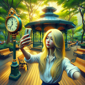 Maximalism，Park Pavilion，Wear clean and tidy clothes，Woman wi...