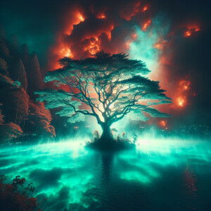 There's a tree in the middle of the holy water 
Shimmering with...