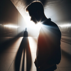 A silhouette of a person standing in a sunlit area, casting a sh...