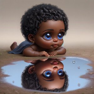 A curious cute african-American, baby with huge blue eyes and cu...